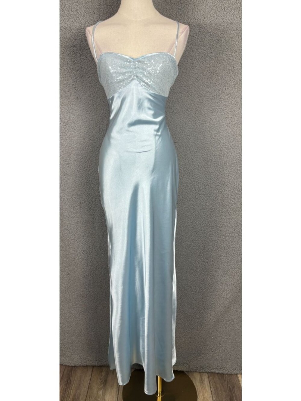 Lucy InThe Sky Light Blue Satin Maxi Dress Sequin Bust Lace-Up Back  Size M NWIs